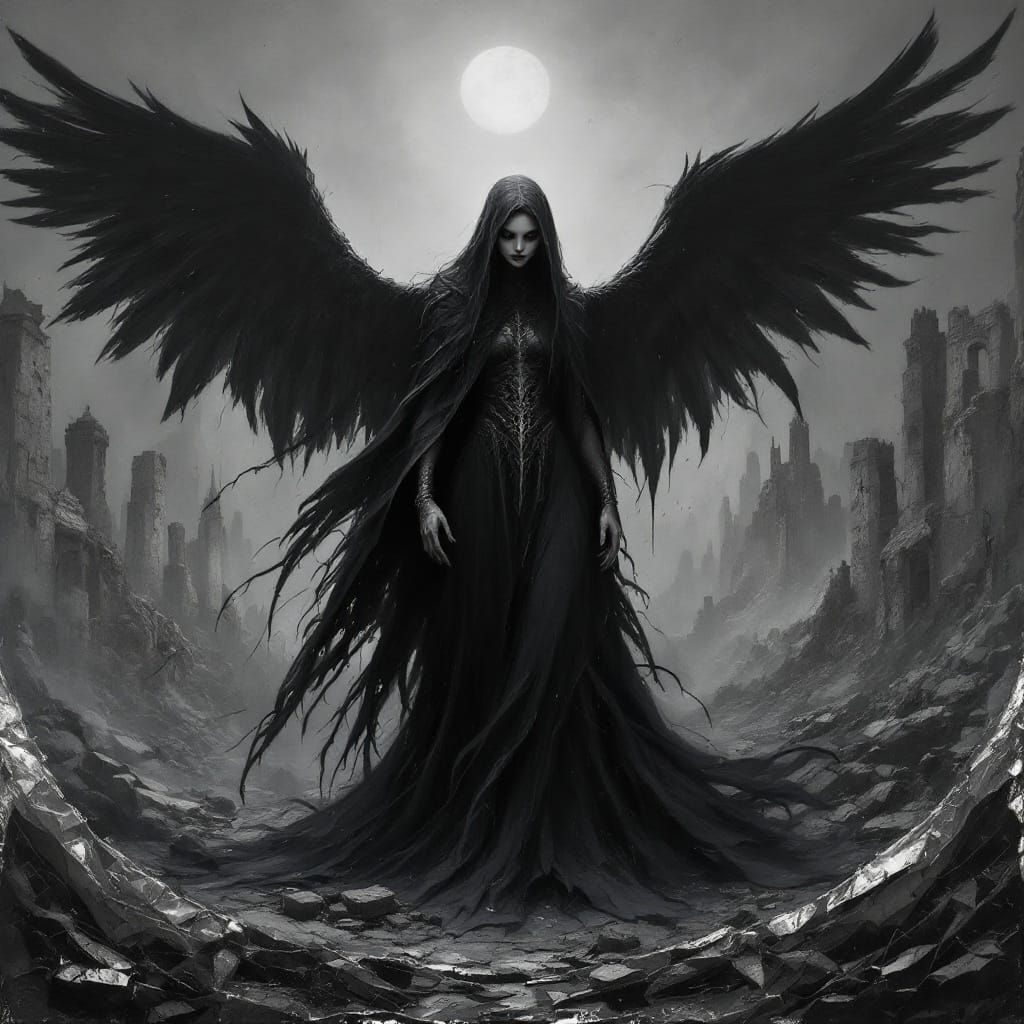 Majestic Night Goddess Defies Ruins in Haunting Monochromati...