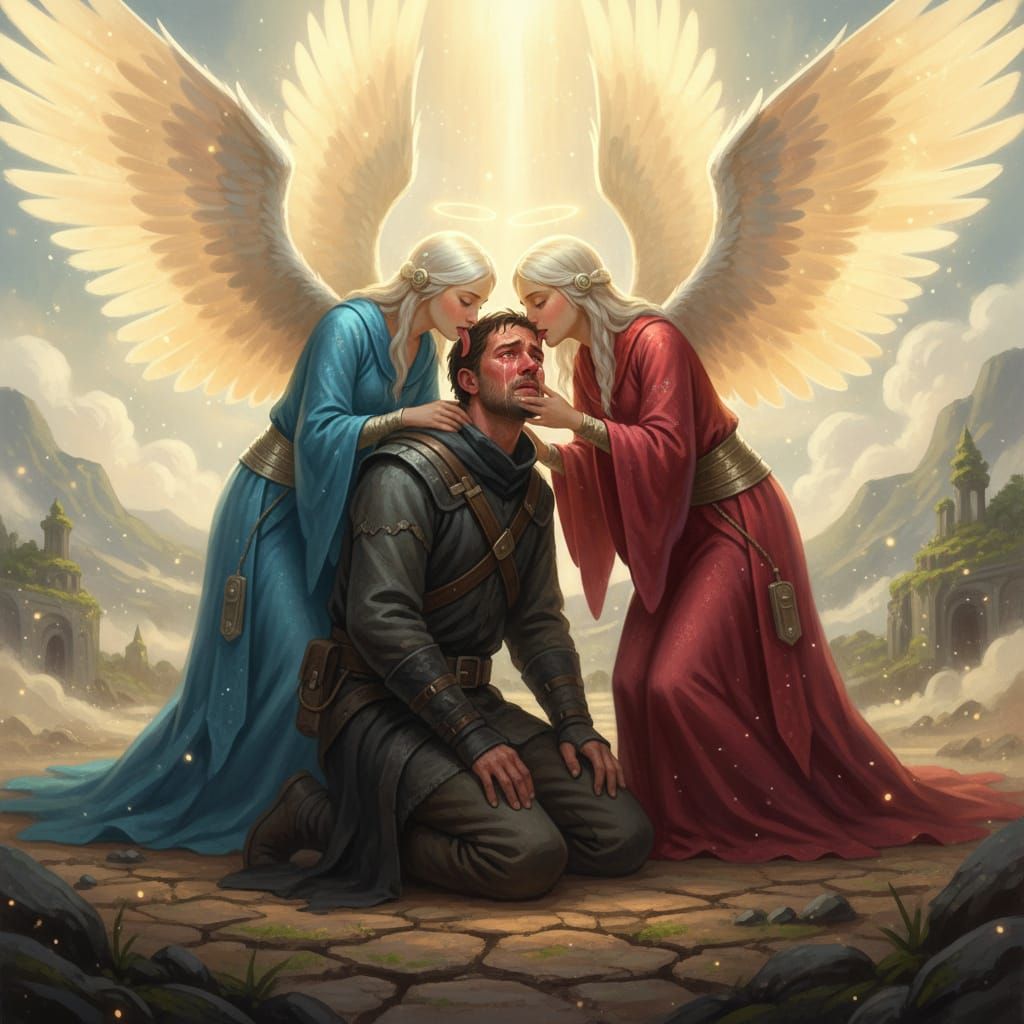 Angel Shepherds Comfort Crying Man in Ethereal Glow