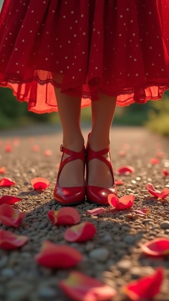 Crimson Shoes & Rose Petals on Gravel Path