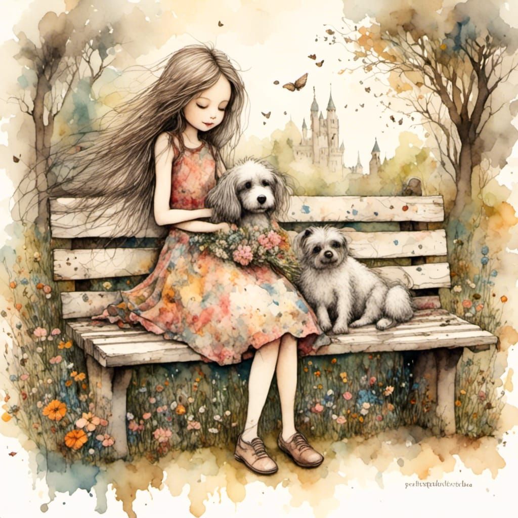 Girl and Dog on Park Bench in Antique Watercolor Style
