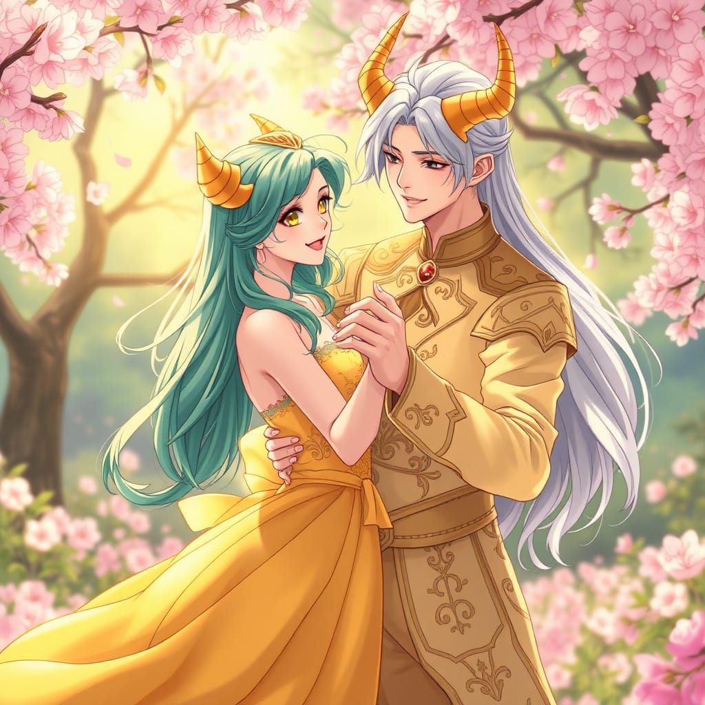 Golden Couple Dancing in Cherry Blossom Garden: Anime Style