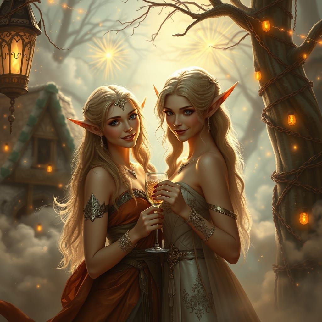 Elegant Elven Women Celebrate New Year in Fantasy Realm