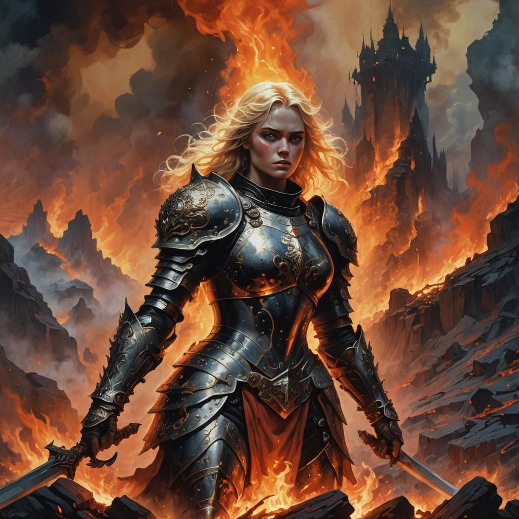 Woman in Flame Armor: Dark Fantasy Art