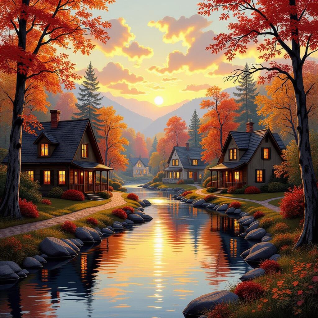 Peaceful Autumn Village by River in Golden Hour Light