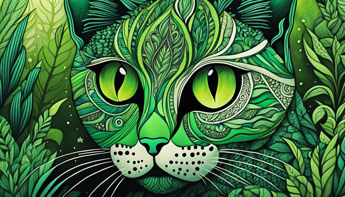Green Cat in Zentangle Forest Poster