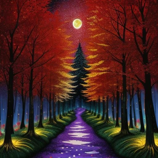 Moonlit Forest Path in Alcohol Ink Style