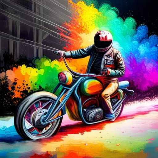 Rainbow Motorcycle in Graffiti Splash Art Style