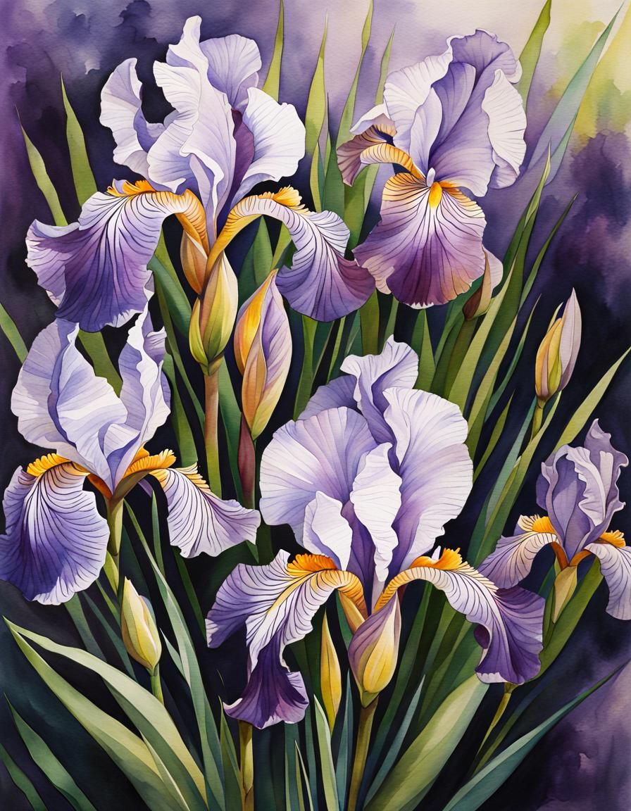 Soft Purple Irises in Watercolor Fine Art