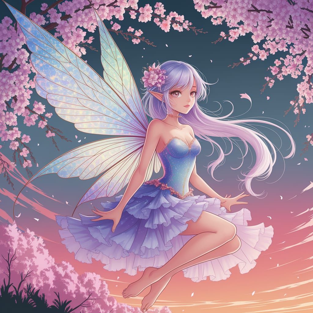 Enchanting Fairy Amidst Cherry Blossoms at Sunset