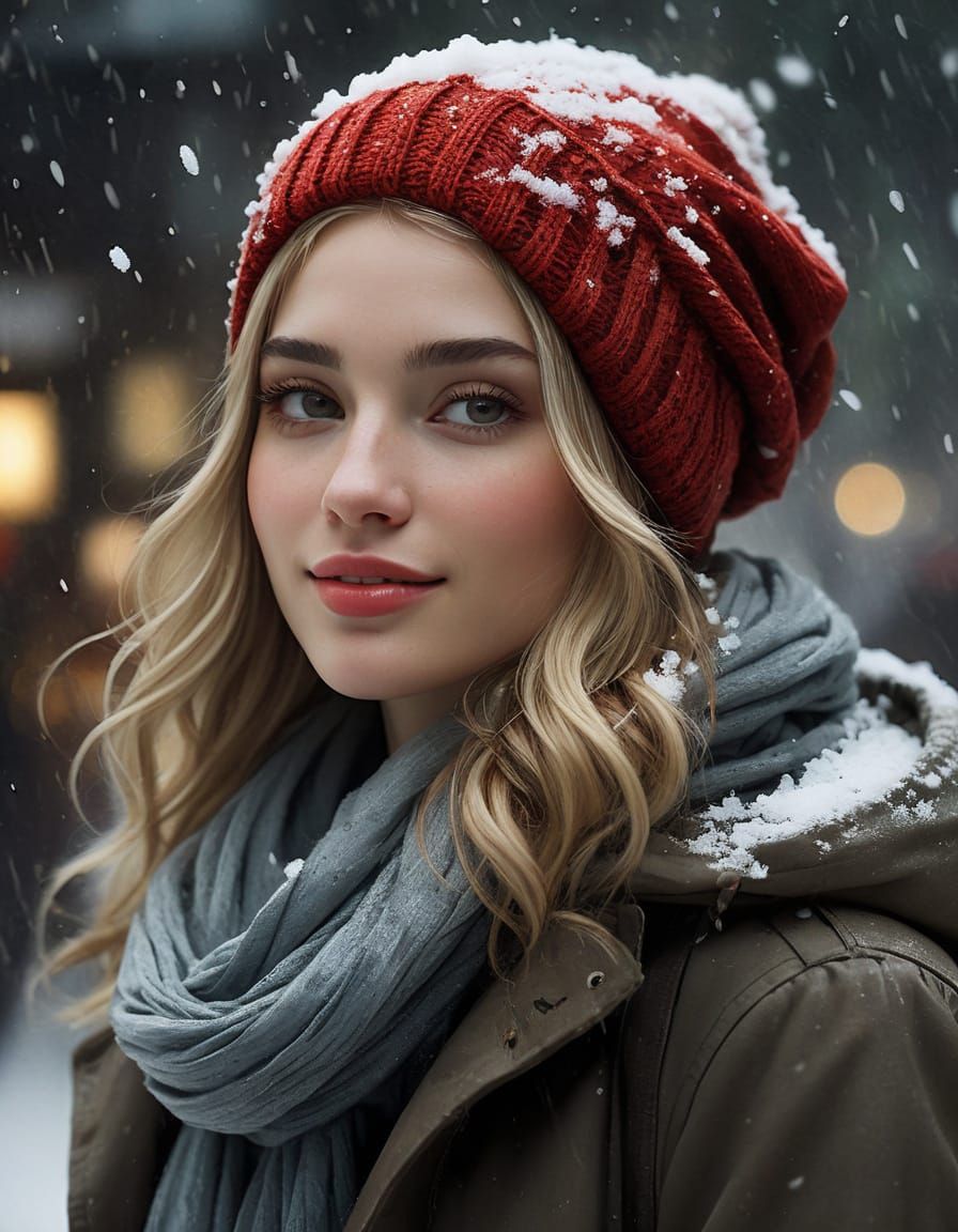 Young Woman in Falling Snow, Romantic Realism Style
