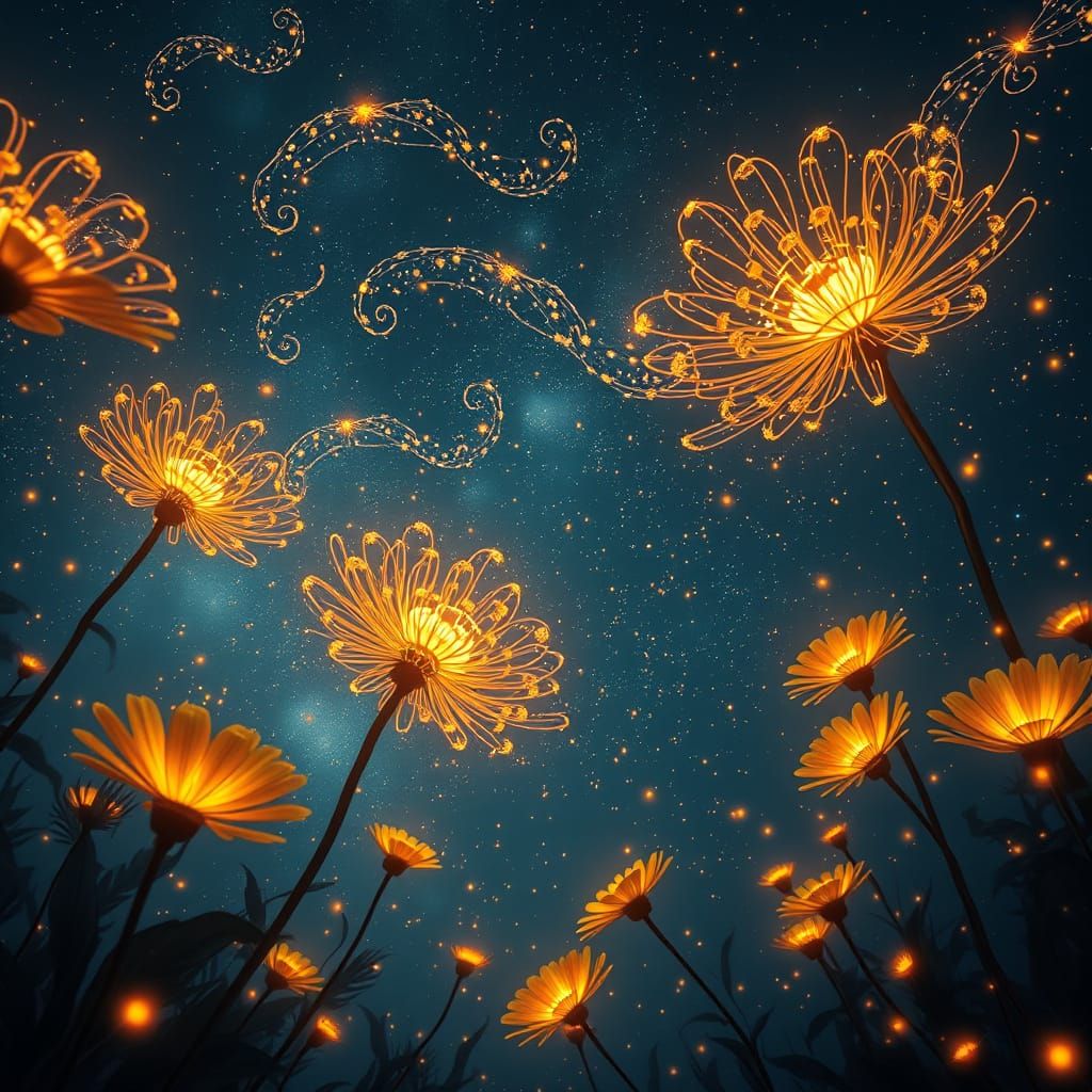 Ethereal Bloom of Glowing Fireflies in a Midnight Sky