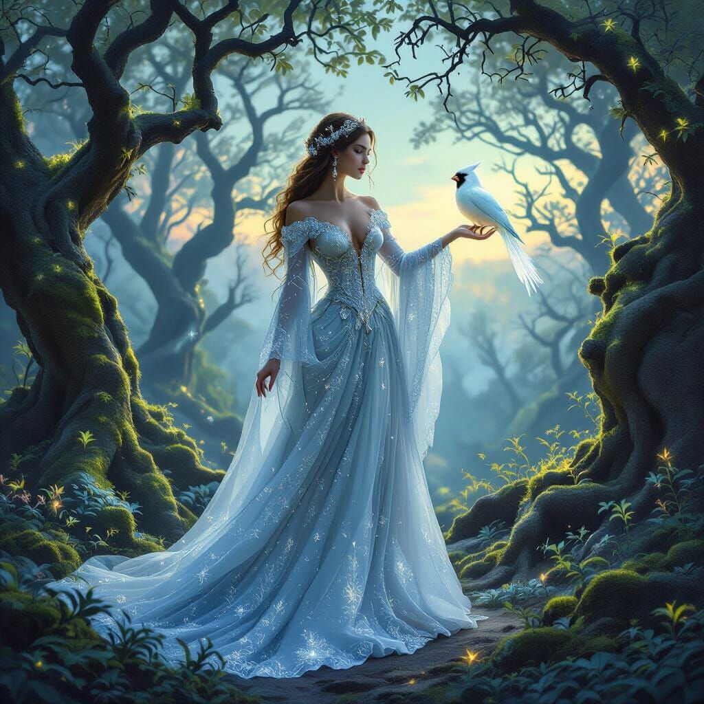 A regal woman in an elaborate, flowing gown made of woven moonlight and stardust, standing in a bioluminescent forest at...