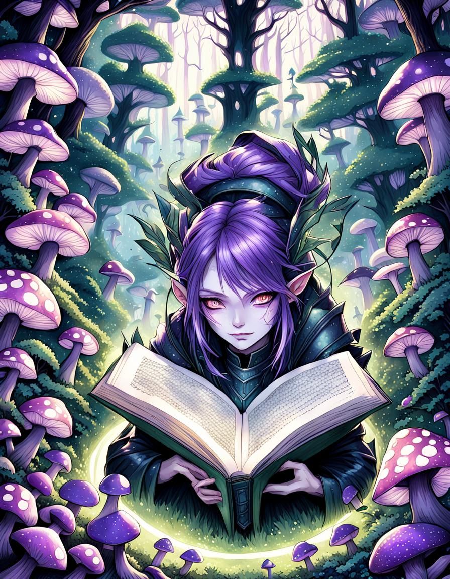Purple Fairies Reading in Forest, Manga Style