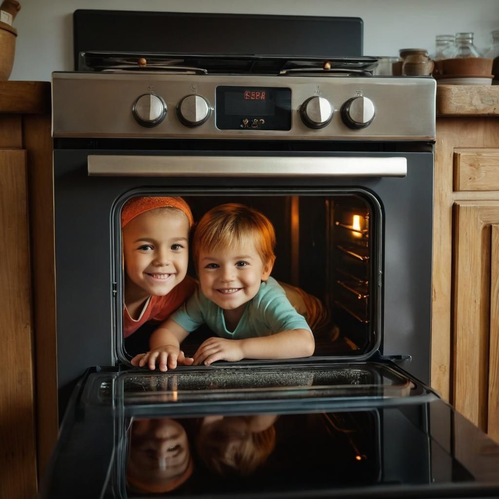 Child in Oven, Rustic Kitchen Scene
