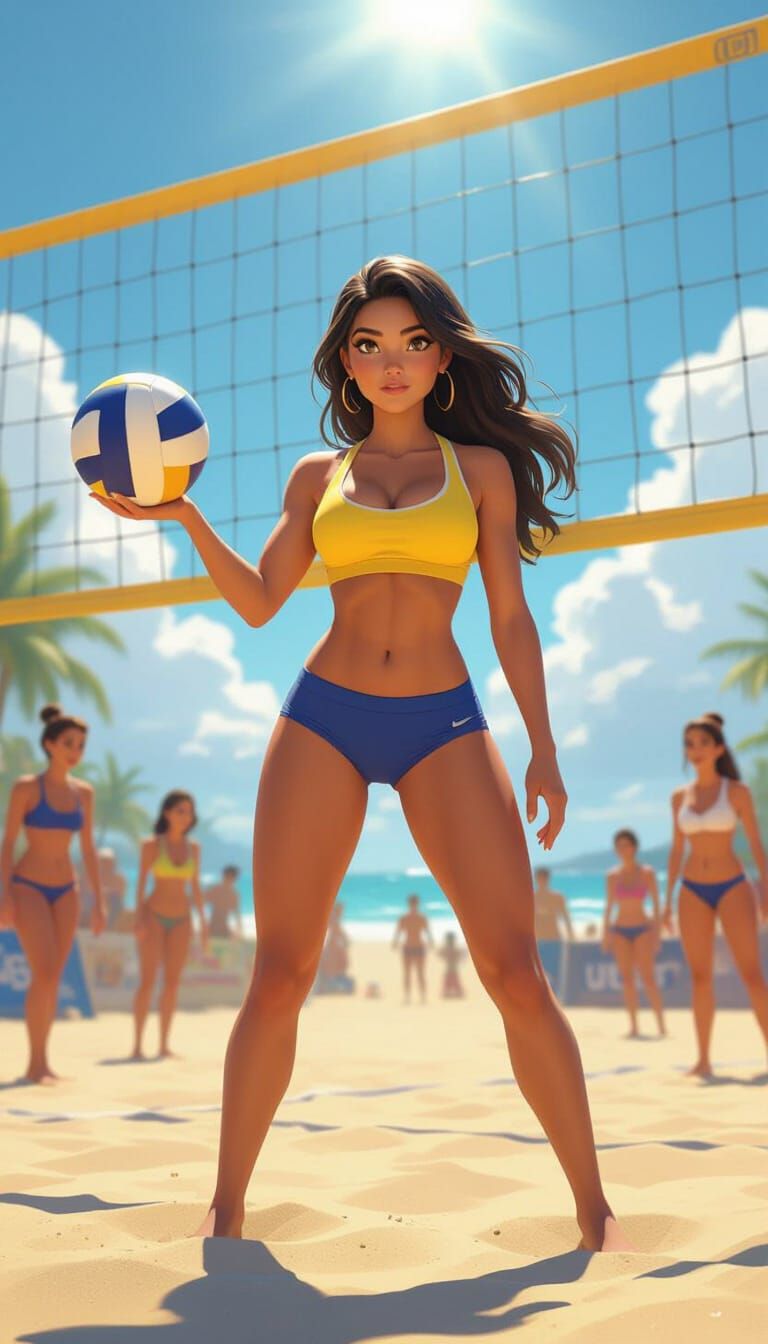 Volleyball Player on Sunlit Beach in Pixar Style