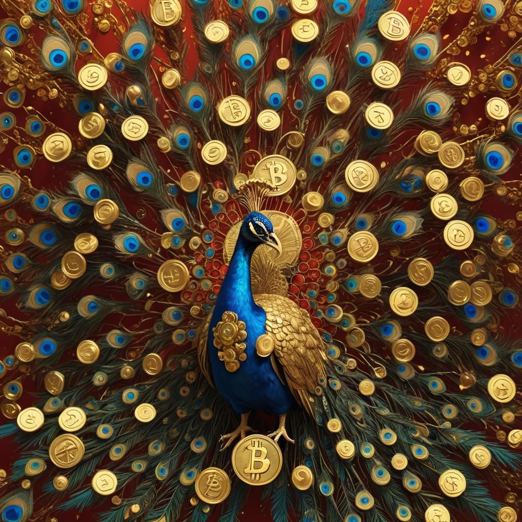 Golden Bitcoin Peacock in Detailed Digital Art