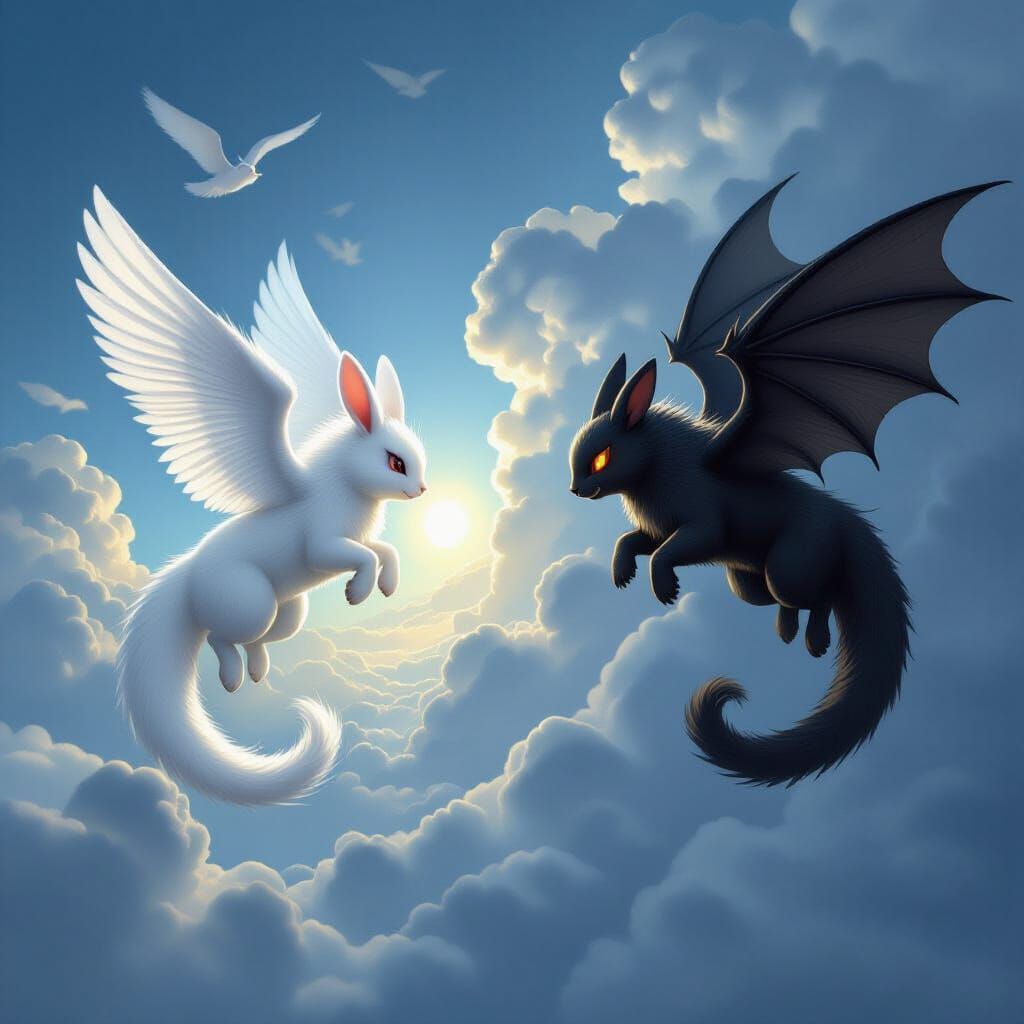 Epic Battle Between Hybrid Creatures in Stormy Sky