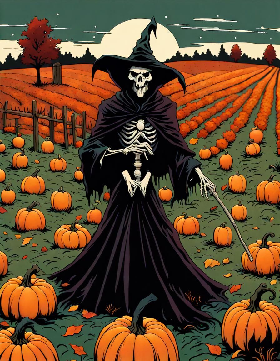 Grim Reaper Scarecrow in Autumn Pumpkin Field