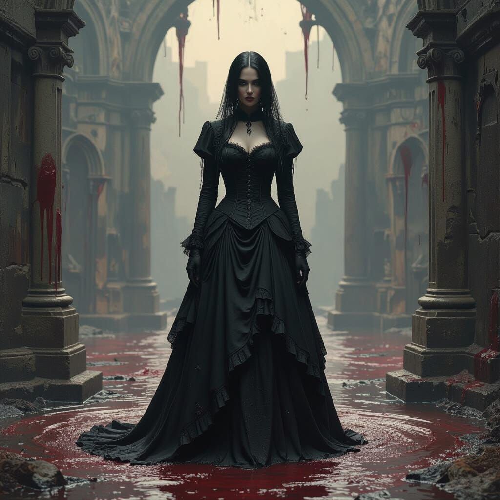 Ominous Woman by Blood Fountain in Gothic Style