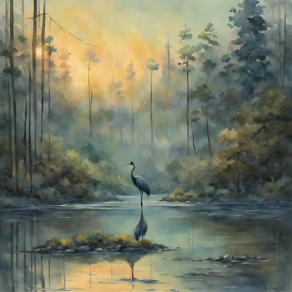 Dreamy Watercolor Crane in Enchanted Marsh