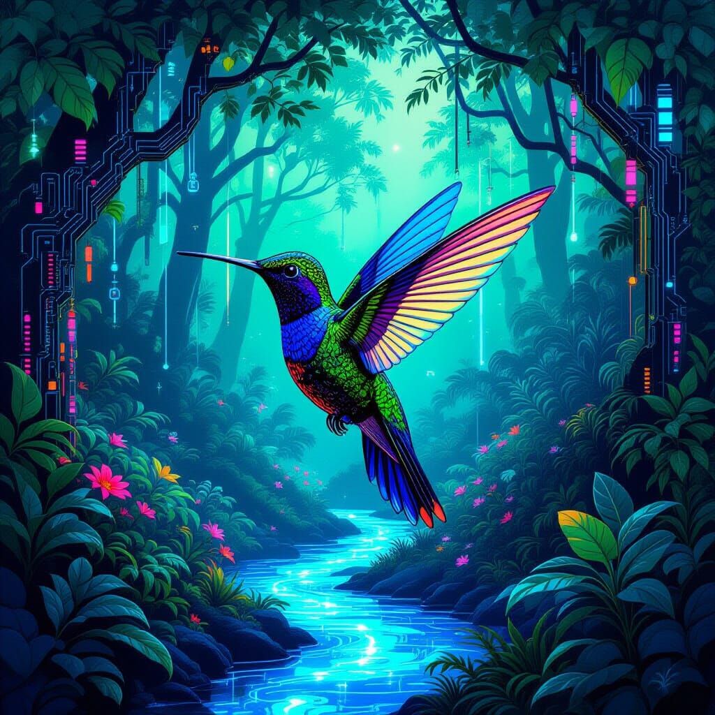 Bioluminescent Hummingbird in Neon Circuit Board Jungle
