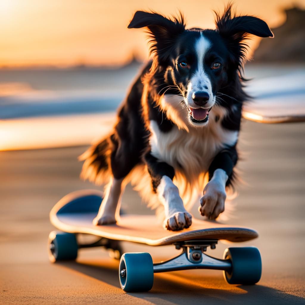Border Collie Rides Skateboard on Beach at Sunset