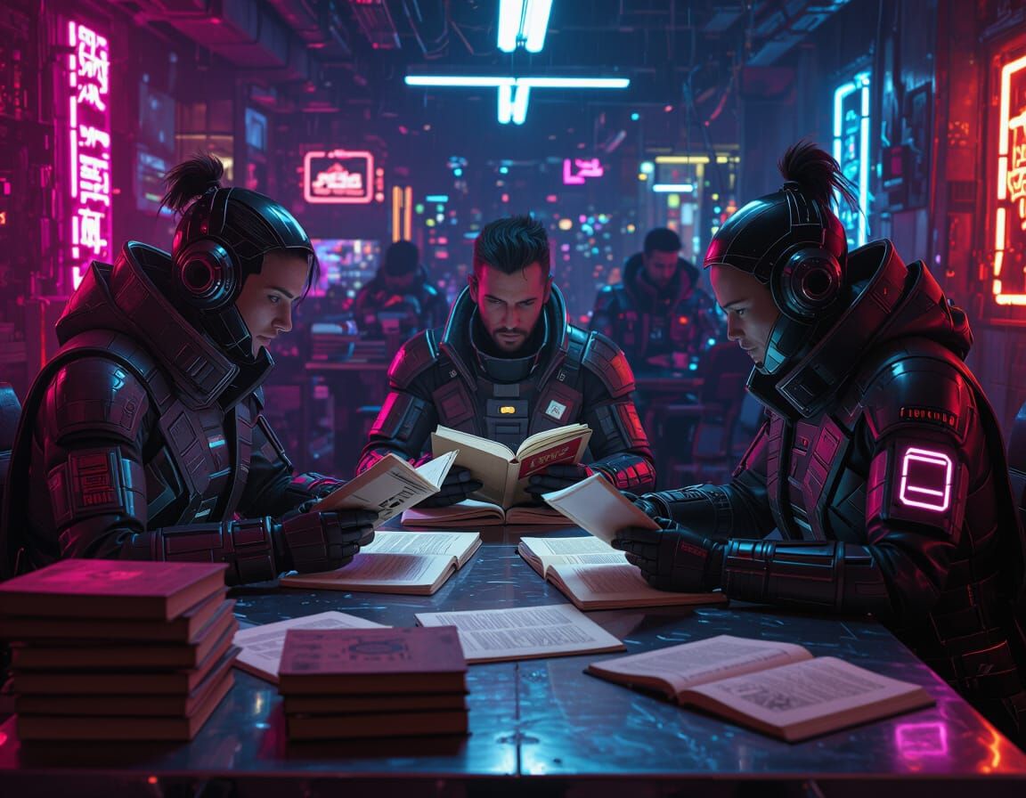 Cyberpunk Readers Discussing Books in Neon Lit Setting