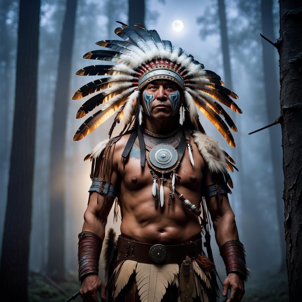 Native American Warrior in Moonlit Forest, Ledger Art