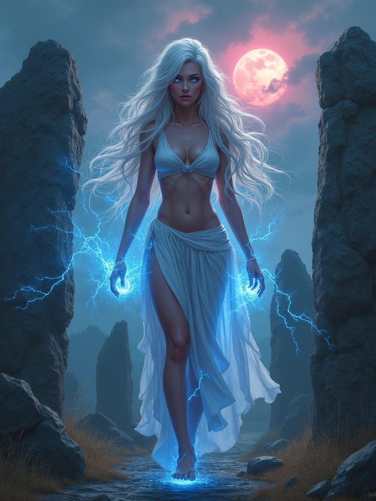 Ethereal Albino Goddess Amidst Ancient Ruins