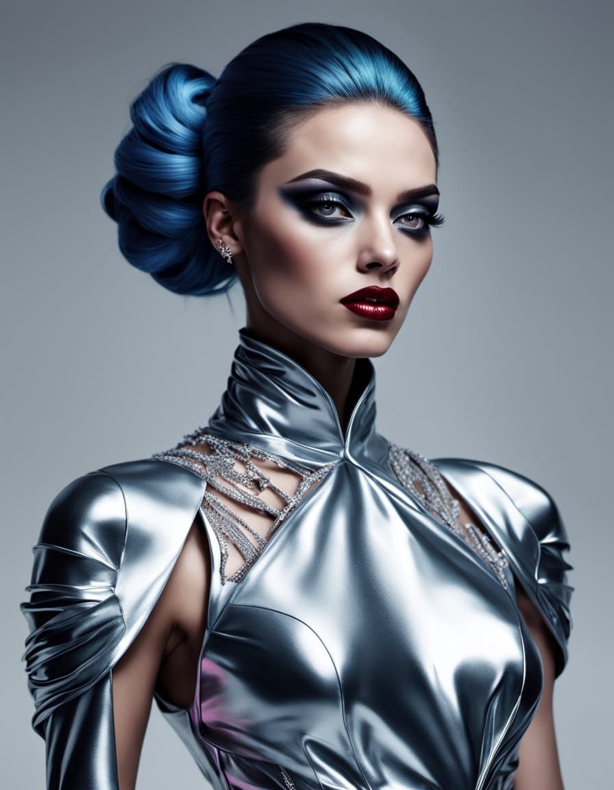 High-Fashion Model in Liquid Mercury Gown, Pop Art Cartoon