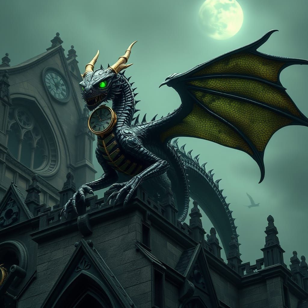 Gothic Clockwork Dragon Amidst Ruins in Steampunk Atmosphere