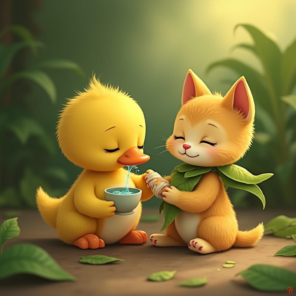 Gentle Duckling Tends to Injured Cat in Whimsical, Textured ...