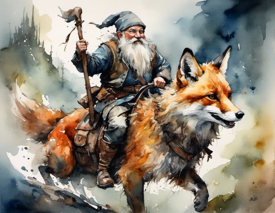 Gnome on Fox: Watercolor Portrait Illustration