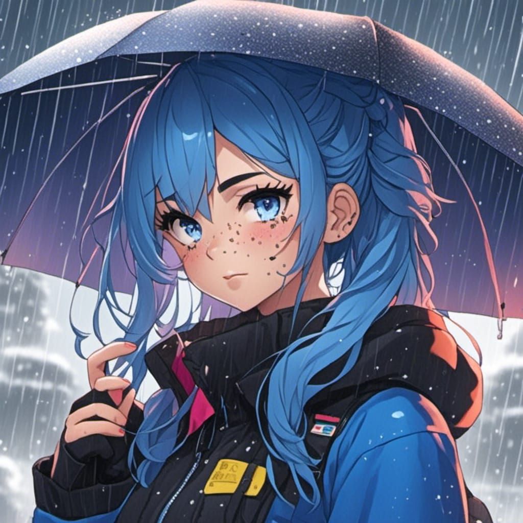 Blue-Haired Person Walking in the Rain