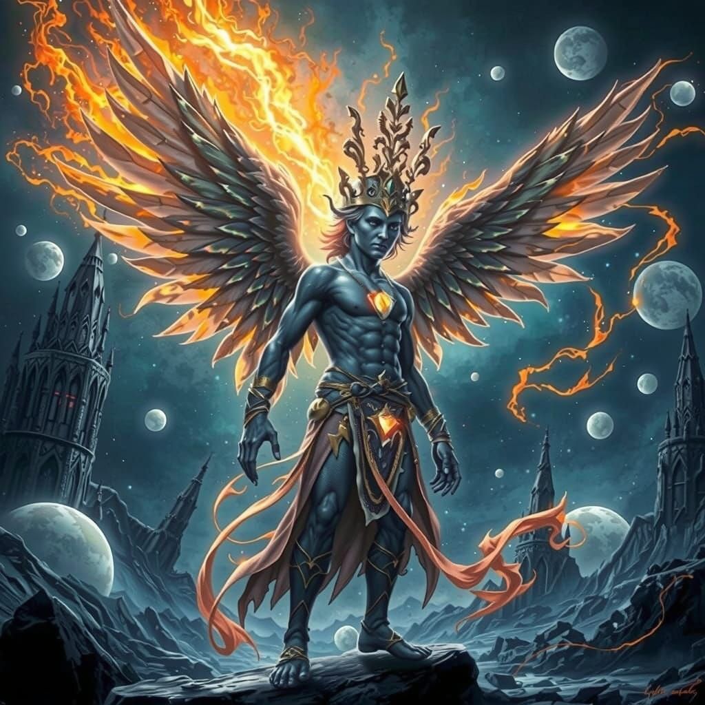 Majestic Figure with Golden Runes and Obsidian Wings