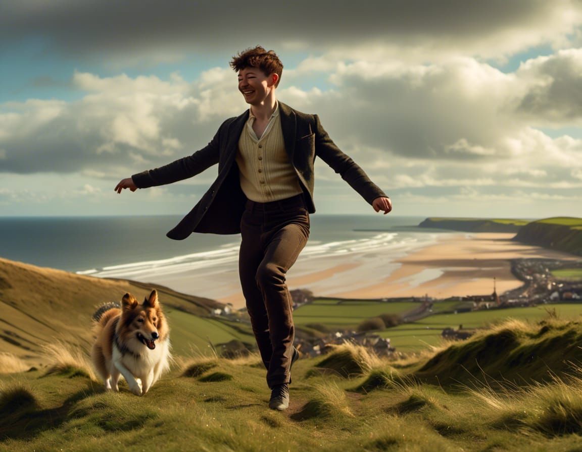 a happy Barry Keoghan walking his dog