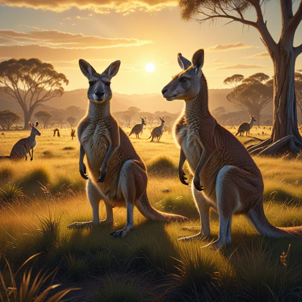 Australian Grassland Kangaroos in Golden Hour Light