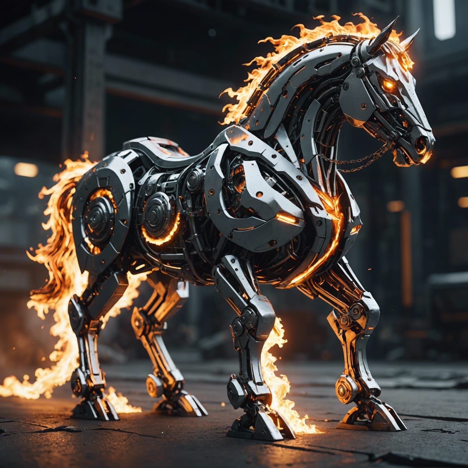 Flaming Mech Horse in Dramatic Sci-Fi Style