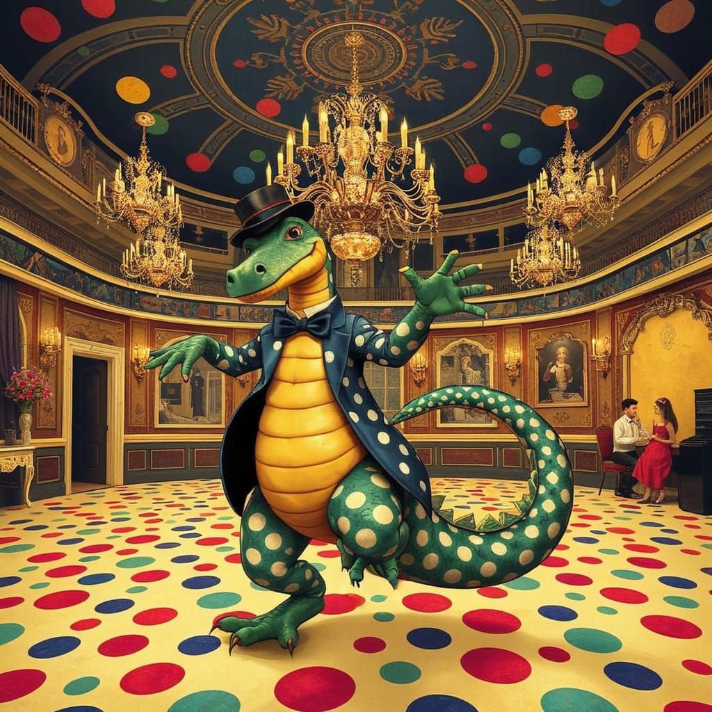 Polka-dot dragon dancing the polka in a polka-dot dance-hall