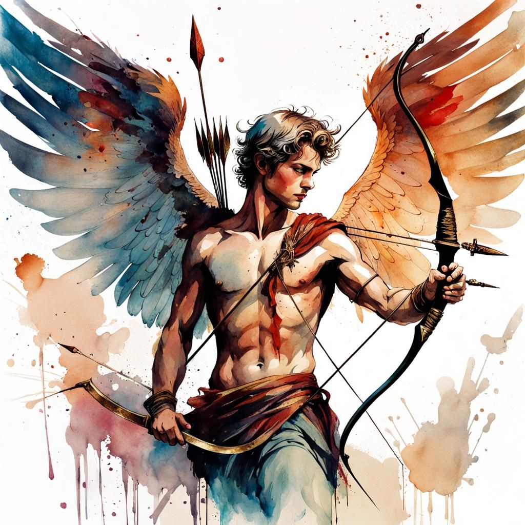 Cupid Illustration in Watercolor Ink Splash Style