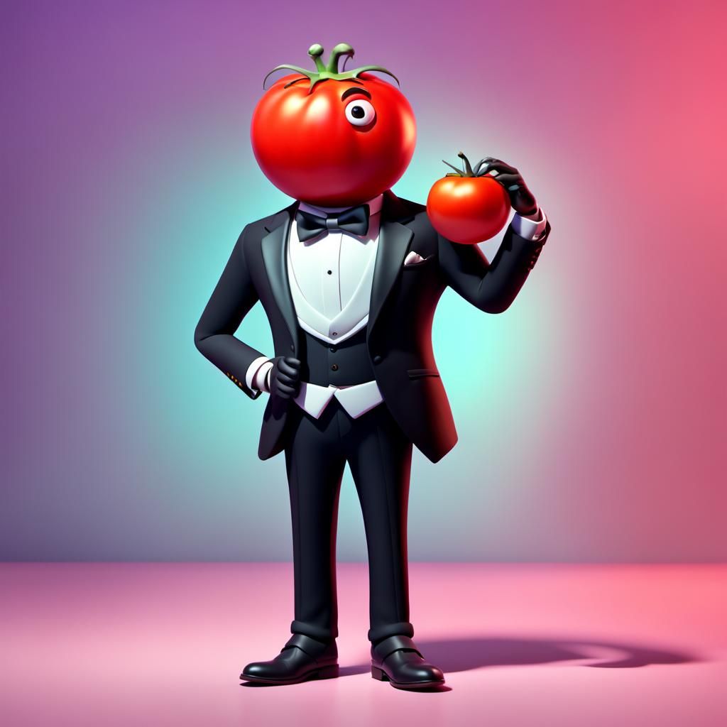 Tomato Gentleman in Tuxedo: Pixar-Style 3D Art