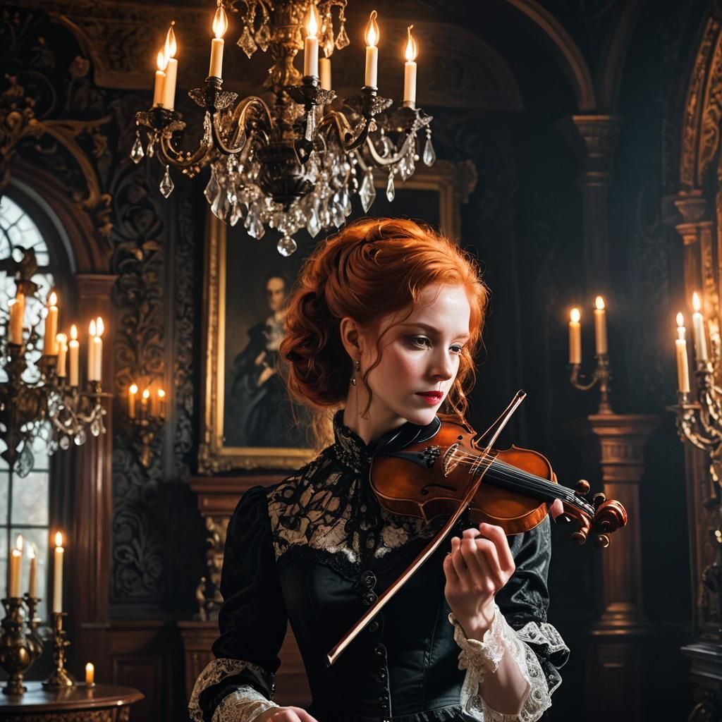 Gothic Redhead with Violin in Art Nouveau Style