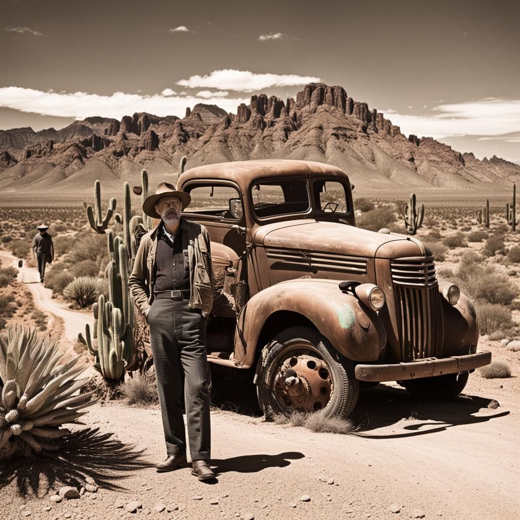 Man and Old Truck in Arizona Desert Landscape