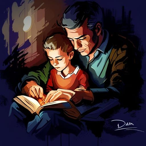 Father and Son Reading: Dreamy Fantasy Illustration