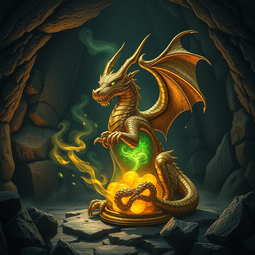 Dragon-Shaped Emerald Vessel in Fantasy Dungeon