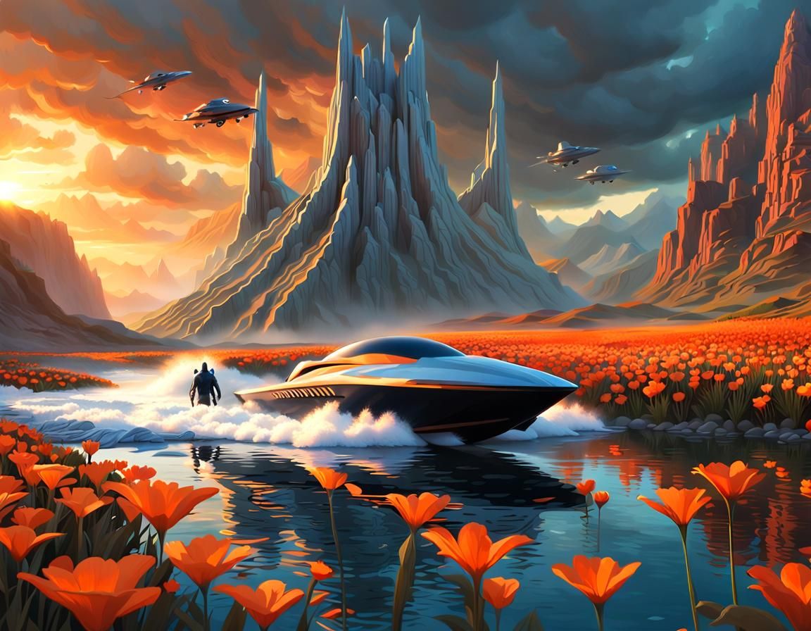 Futuristic Speedboat Chased by Alien Sea Monster