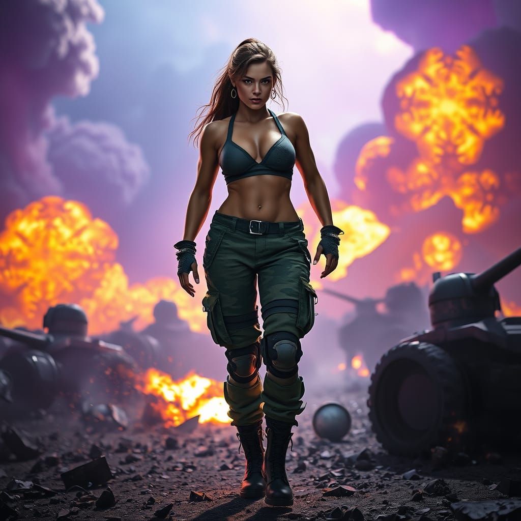 Defiant Warrior Woman in Dark Fantasy Battlefield