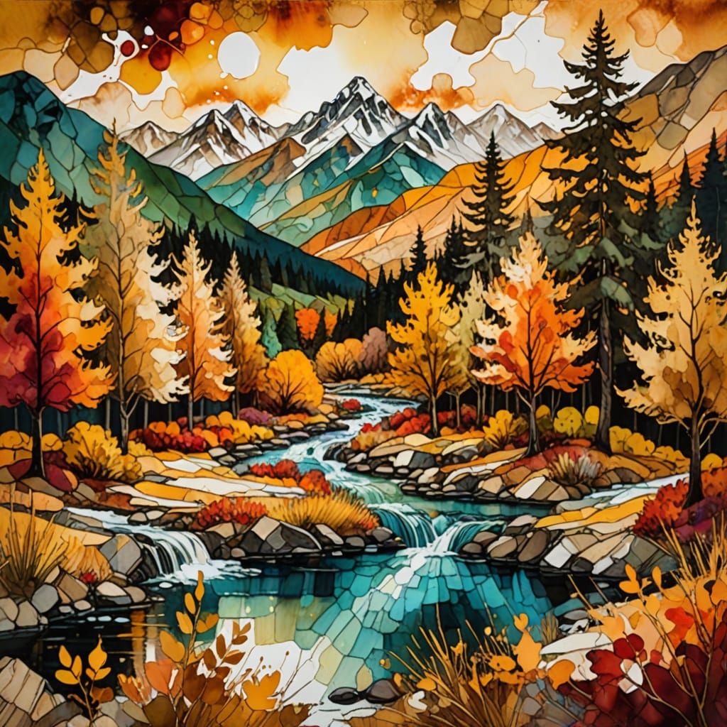 Autumn Landscape with Alcohol Ink and Collage