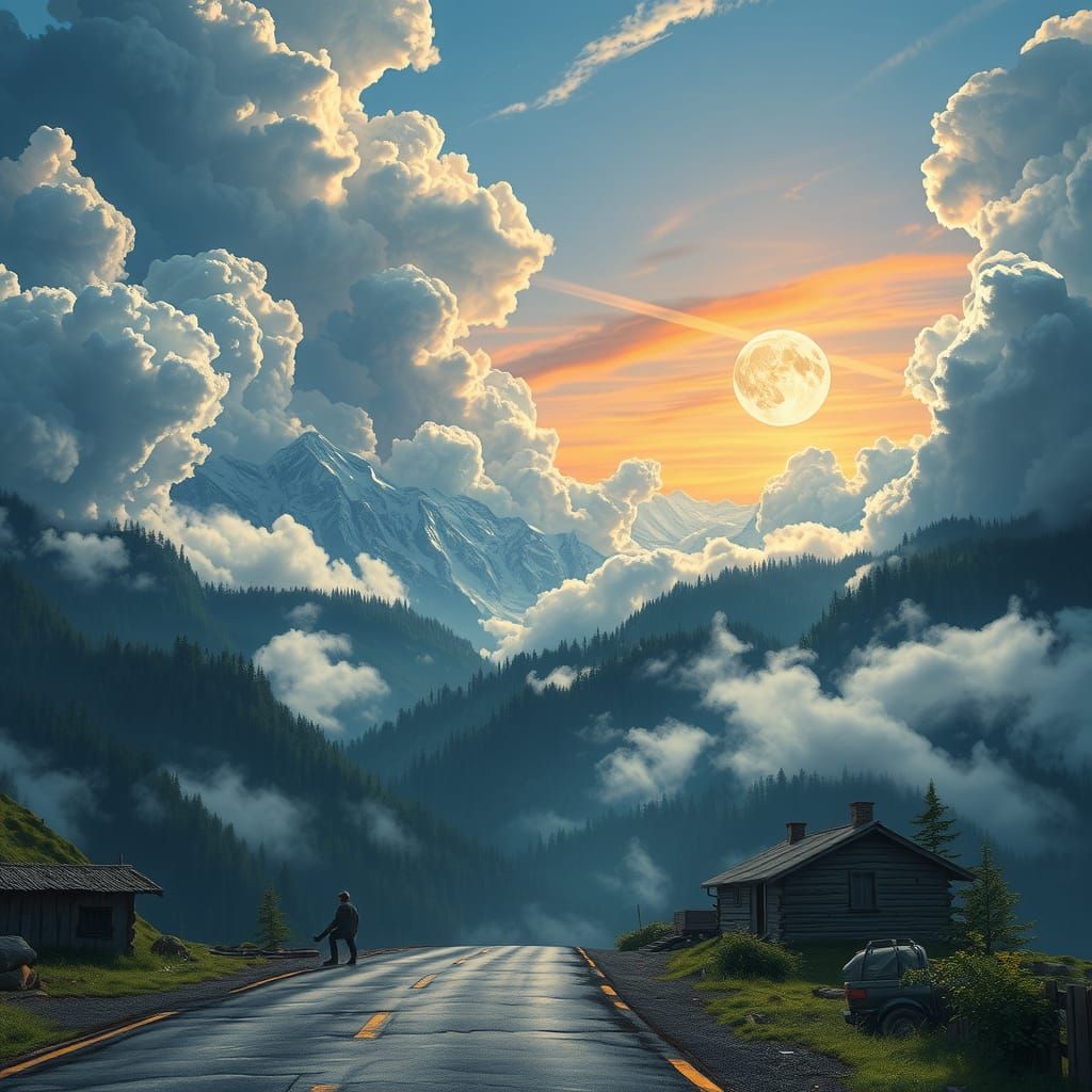 Hyperrealistic Mountain Shack Scene with Moon