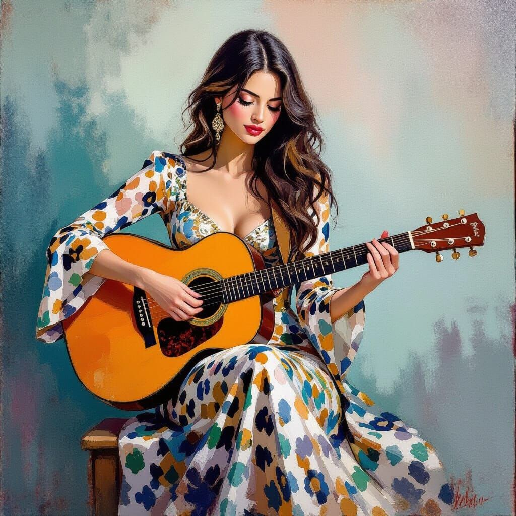 Woman Plays Guitar in Dreamlike Abstract